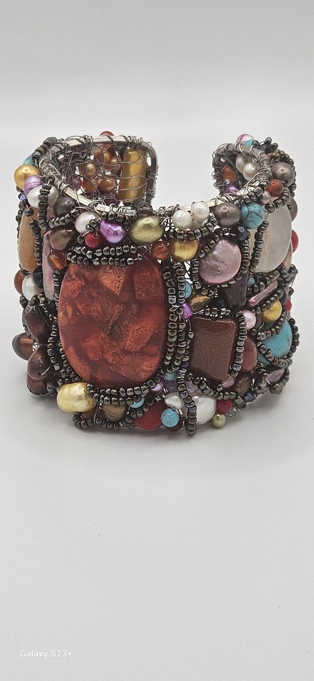 Handcrafted Wire-Wrapped Gemstone & Freshwater Pearl Cuff Bracelet